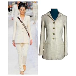 Chanel-Chanel 12A Paris-Bombay Runway Ivory Ecru Cotton Tweed Blazer Long Jacket FR 38-Beige